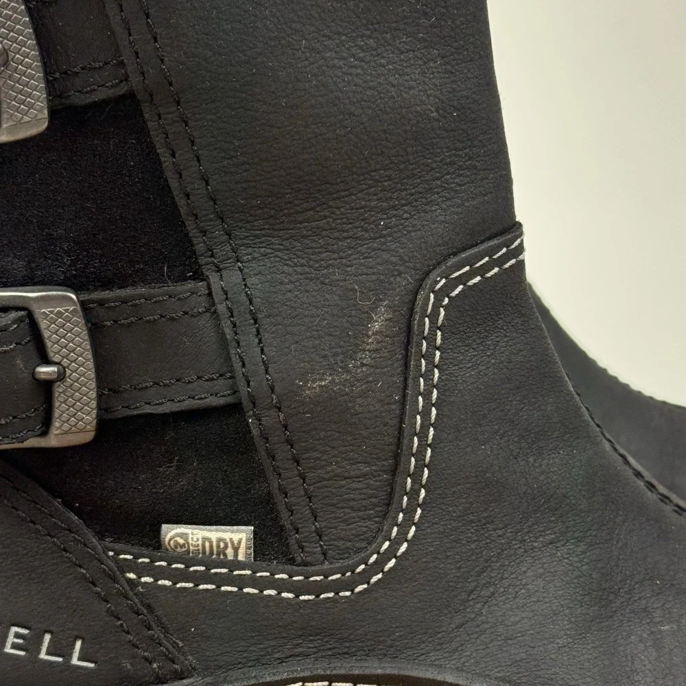Womens Merrell Decora Chant Black Leather Mid Waterproof Faux Fur Boots Size 6 M